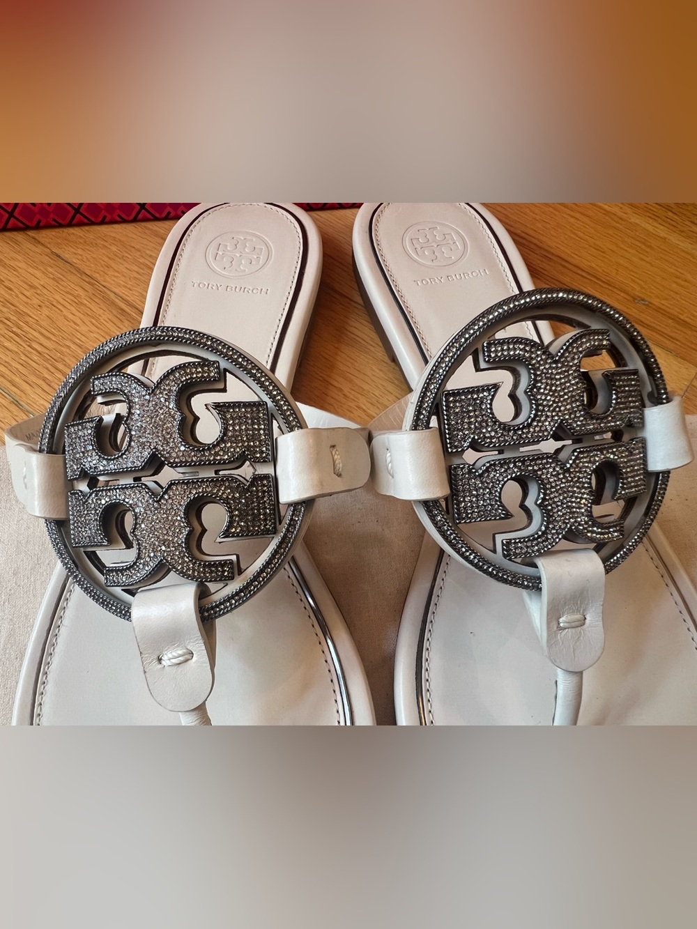 Tory Burch Bleach Ivory & Silver Metal Crystal Embellished Miller Sandals - Picture 6 of 13